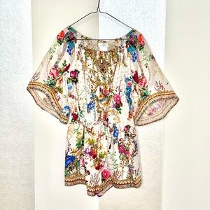 Camilla Kids 3/4 flare sleeve playsuit size 8. Print is “By the Meadow”